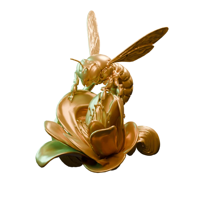 Bronze 3D sculpture of a cybernetic bee and flower