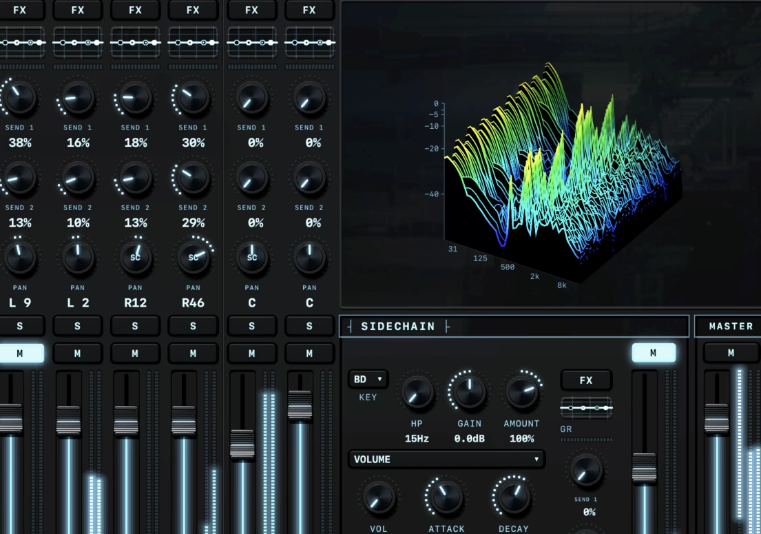 Bombus-800 detail: illuminated mixer controls and a cyan and yellow three-dimensional frequency spectrum