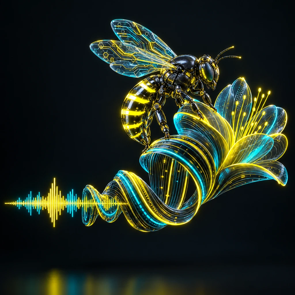 A cybernetic honeybee with glowing cyan circuit wings pollinating a golden flower shaped from sound waves