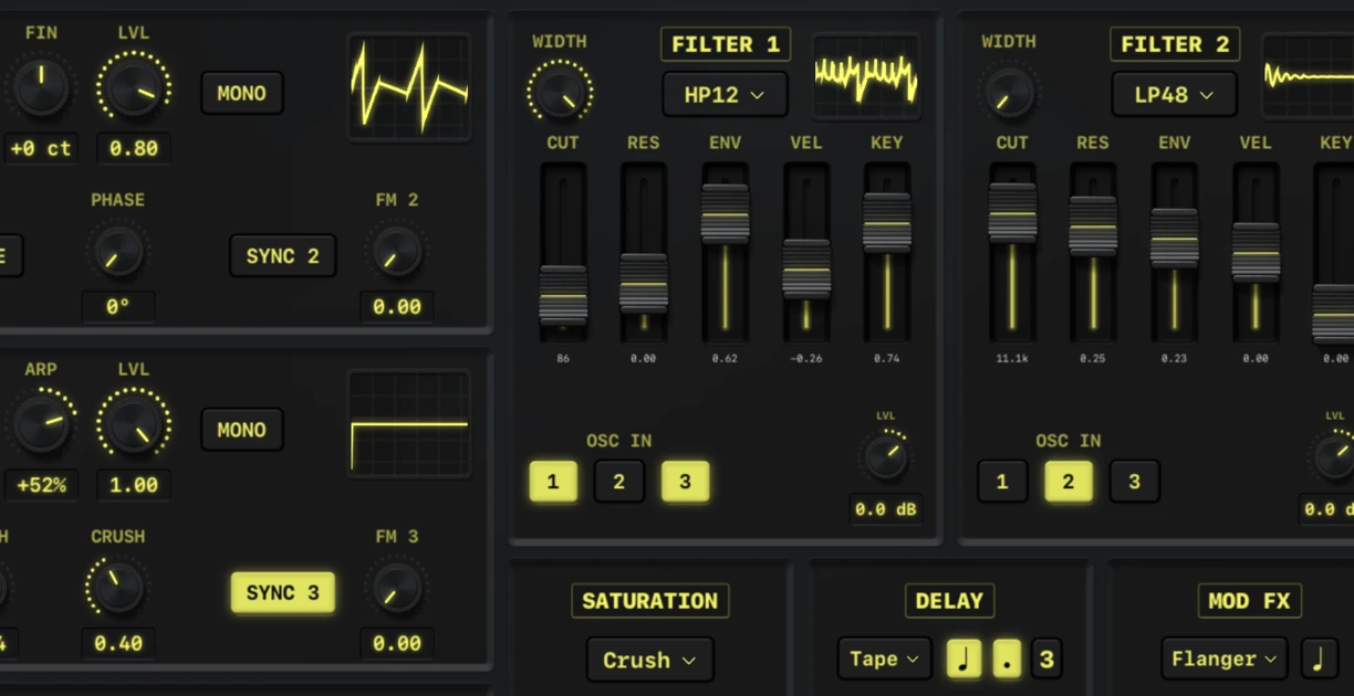 PolyHoney detail: honey-yellow oscillator waveforms, filter faders, and synthesis controls